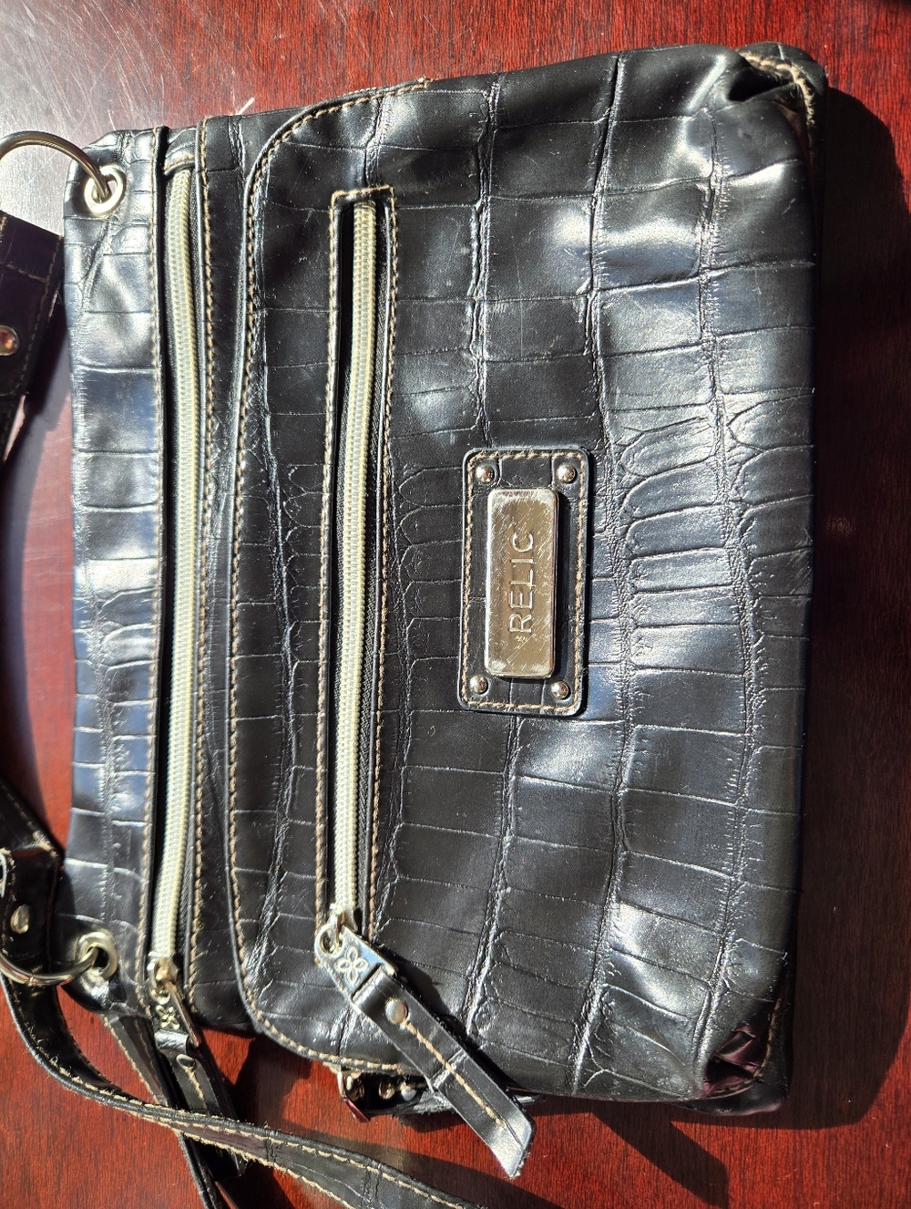 Relic by Fossil | Black Croc-Embossed Triple Zip Crossbody - Picture 15 of 16